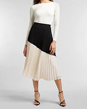 High Waisted Pleated Color Block Midi Skirt